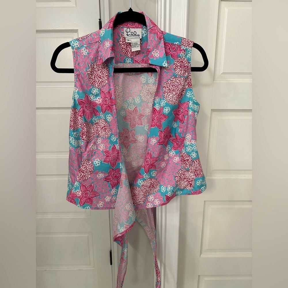 Lilly Pulitzer Womens M Floral Sleeveless Collared Wrap Around Blouse Tie Bow